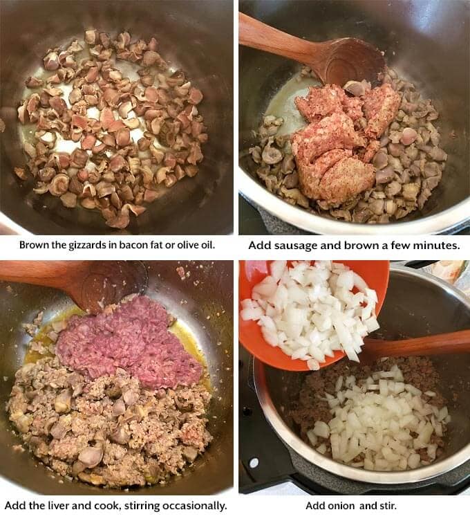 gizzards, sausage, and livers and onion being sautéed