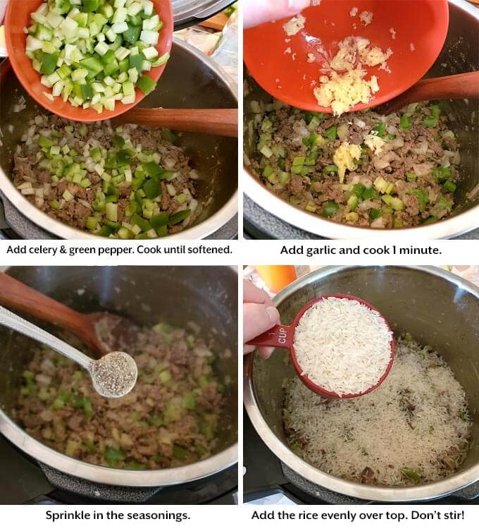 peppers, celery, garlic, seasoning and rice being added