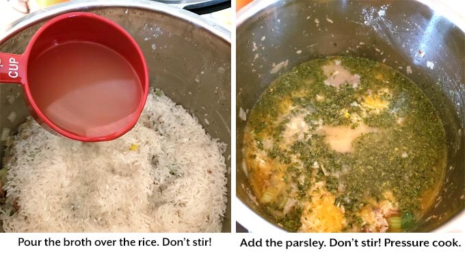 adding broth and parsley to the pot