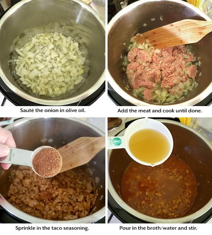 sautéing onion, cooking meat, adding spice and broth