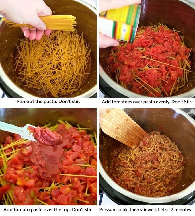 adding pasta, tomatoes, tomato paste