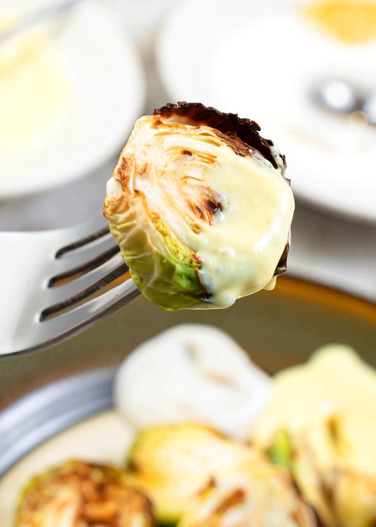 close up of a brussels sprout on a fork with aioli on it