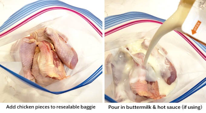 chicken pieces in baggie with buttermilk being poured over