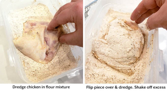 dredging chicken in flour mixture