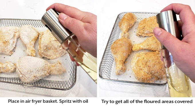 spritzing floured chicken in air fryer basket with oil