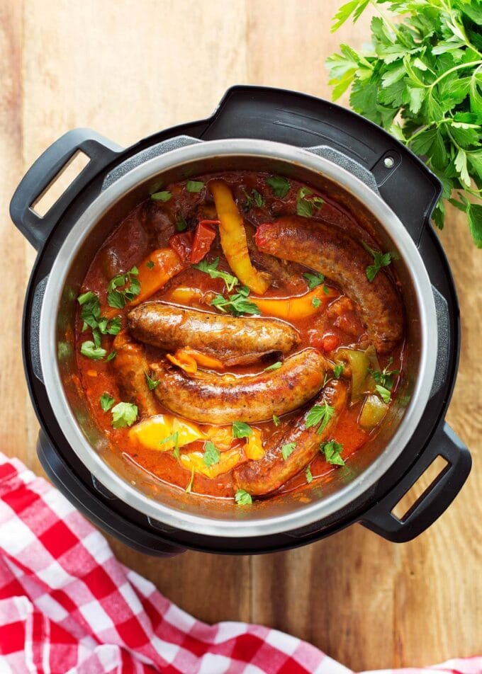 Instant Pot Sausage and Peppers in the pot from above