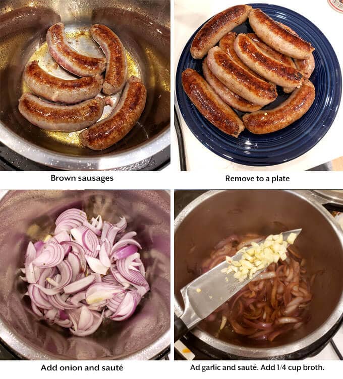 sausages and onion being sautéed in a collage