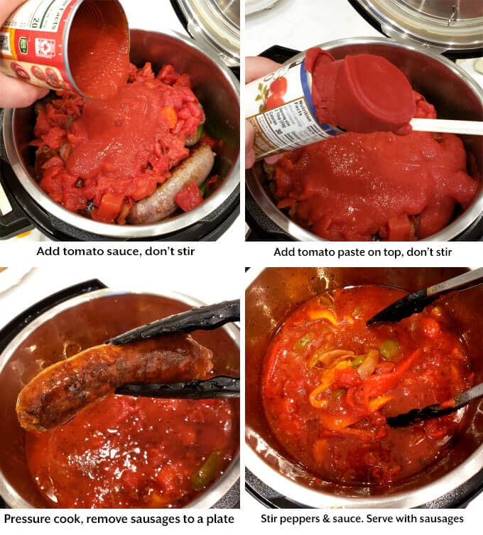 adding the tomato sauce and paste to pot, removing sausages after cooking