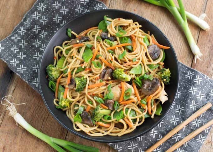 Instant Pot Lo Mein in a black bowl