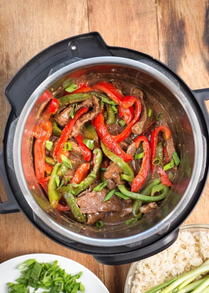 Instant Pot Pepper Steak in the pot from above