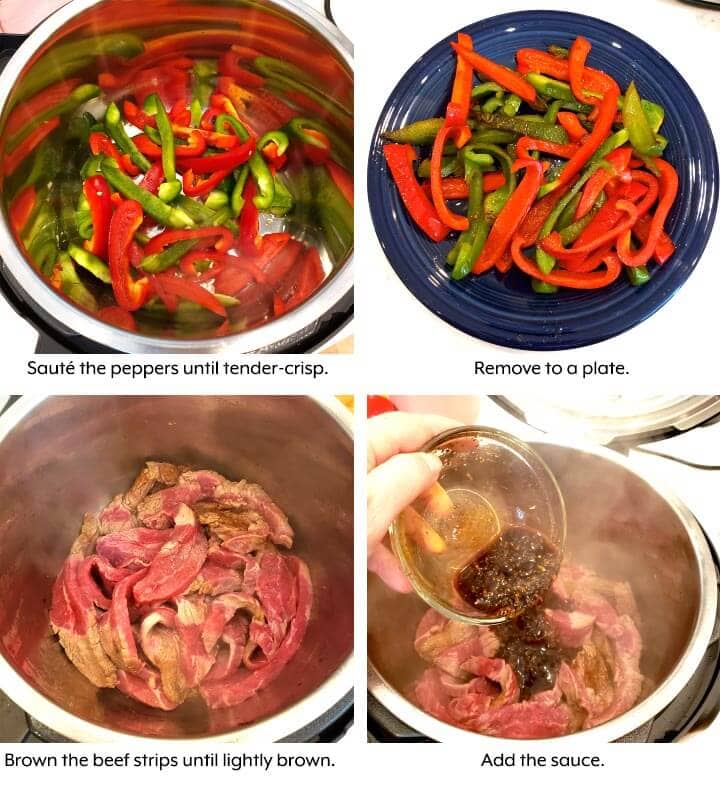 bell peppers being cooked and flank steak cooking, 4 image collage
