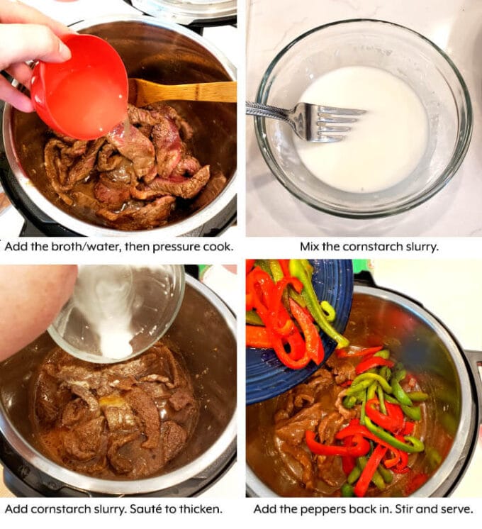 Pepper Steak in pot with sauce being added, 4 image collage