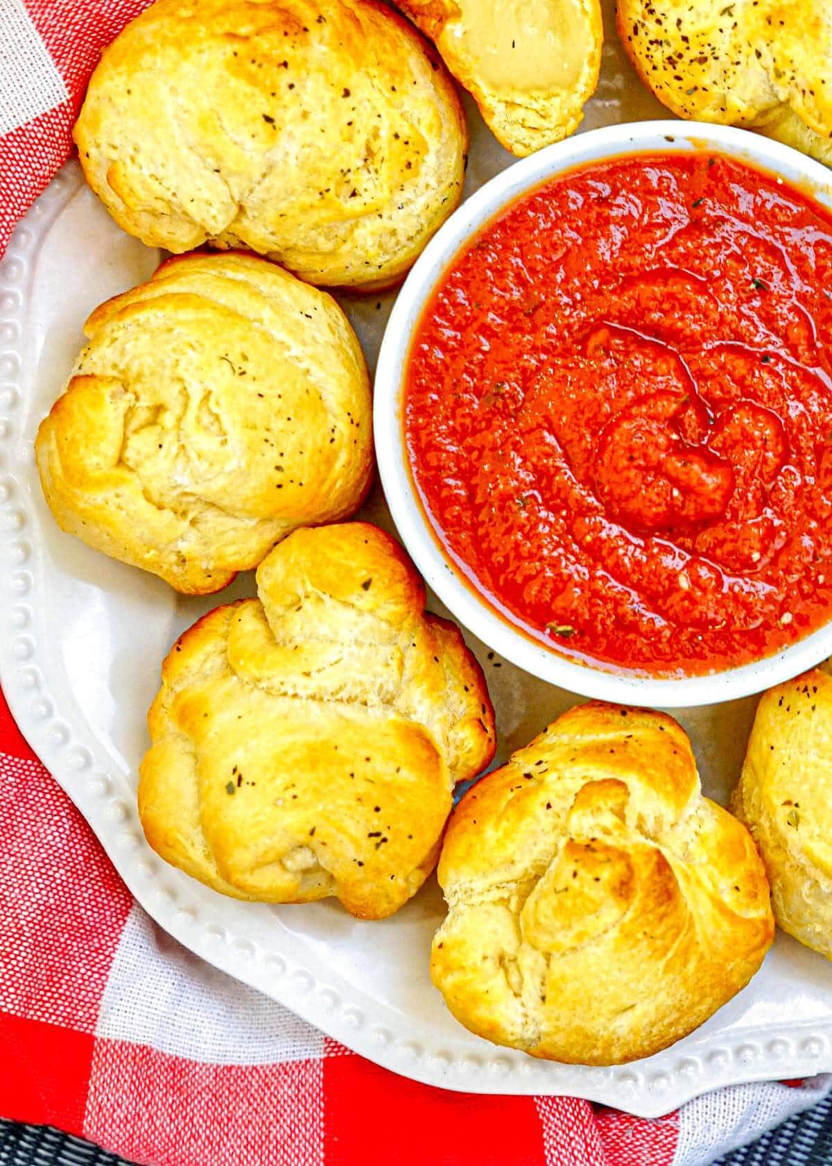 Air Fryer Mozzarella Balls close up with marinara sauce