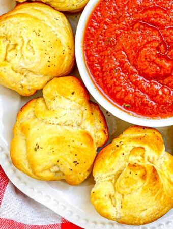 Air Fryer Mozzarella Balls close up with marinara sauce