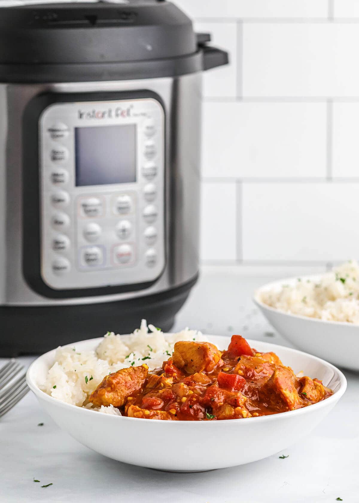 white bowl of chicken curry and rice in front of pot