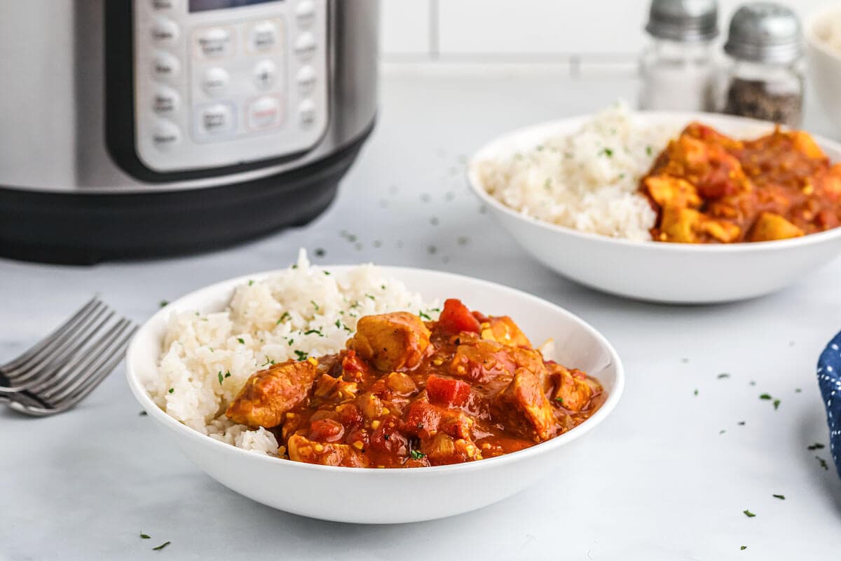 white bowl of chicken curry and rice in front of pot