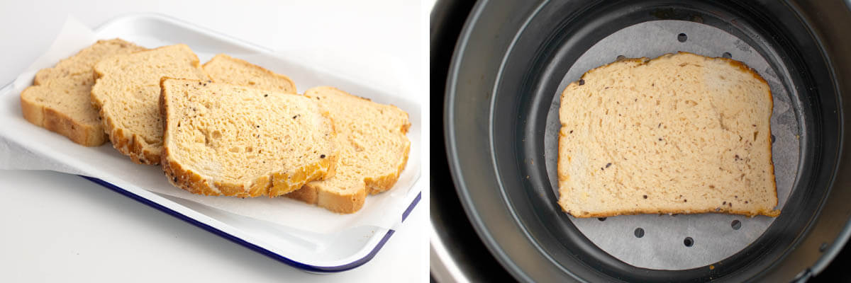 dipped bread on plate, one piece in air fryer basket
