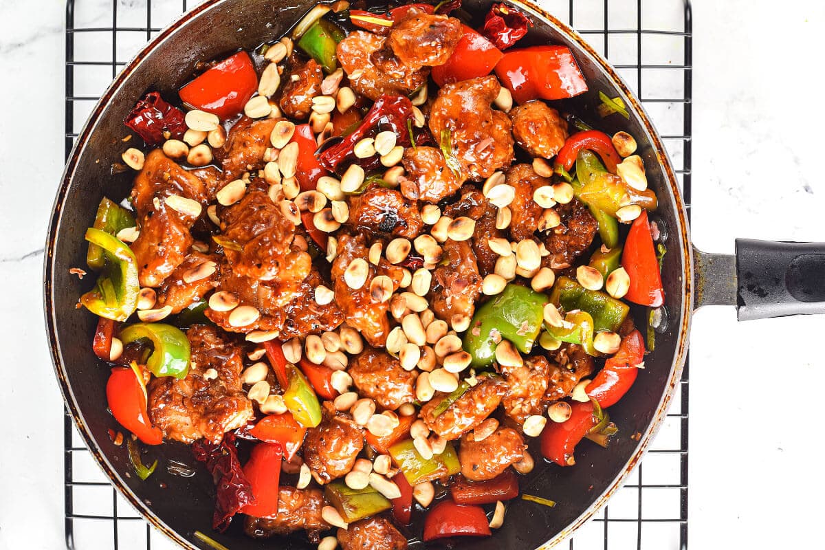 Air Fryer Kung Pao Chicken in skillet