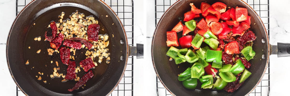 chile peppers frying, bell peppers frying