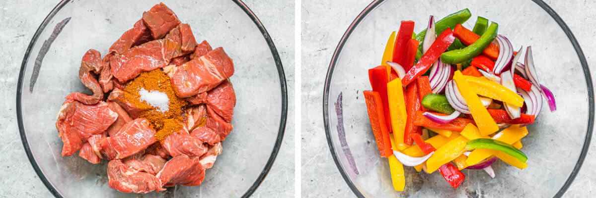 meat in glass bowl, veggies in glass bowl