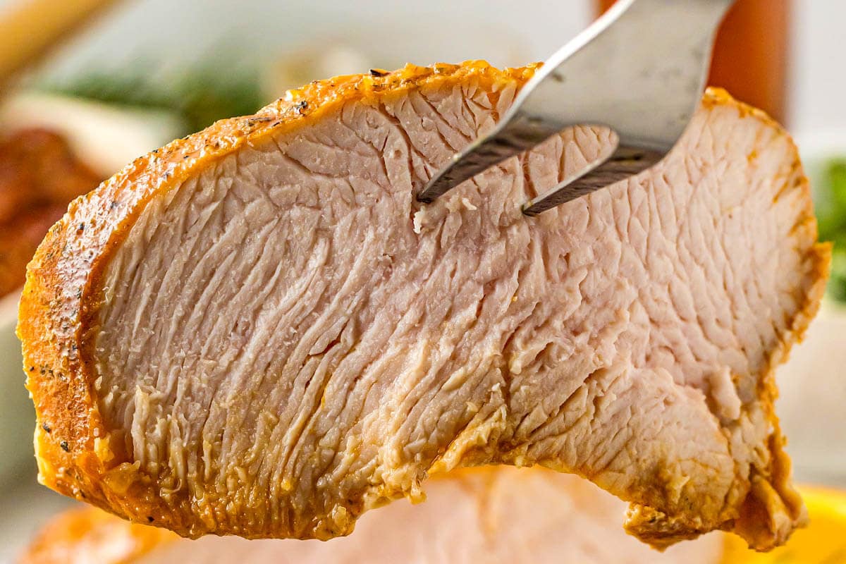 closeup of turkey slice on fork