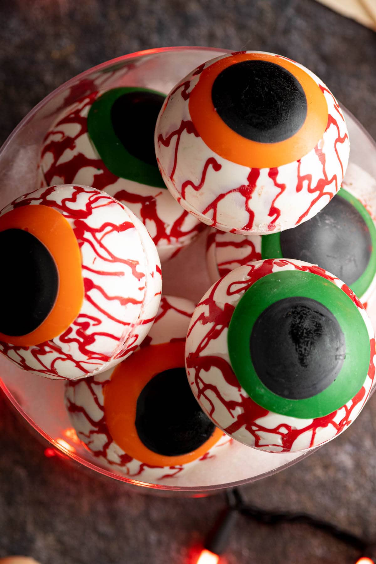 cocoa bombs in a glass bowl