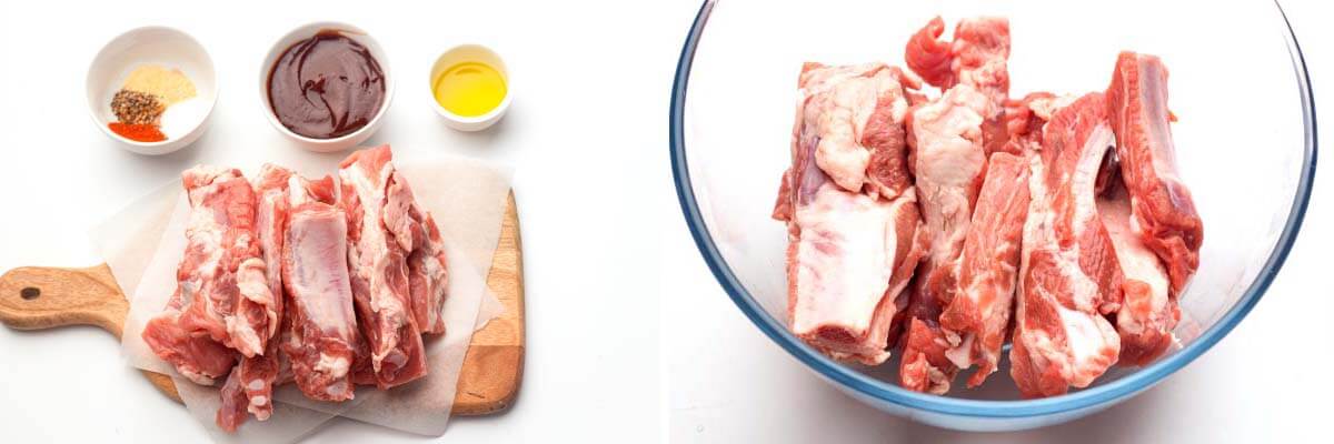 ingredients artfully arranged, ribs in a bowl