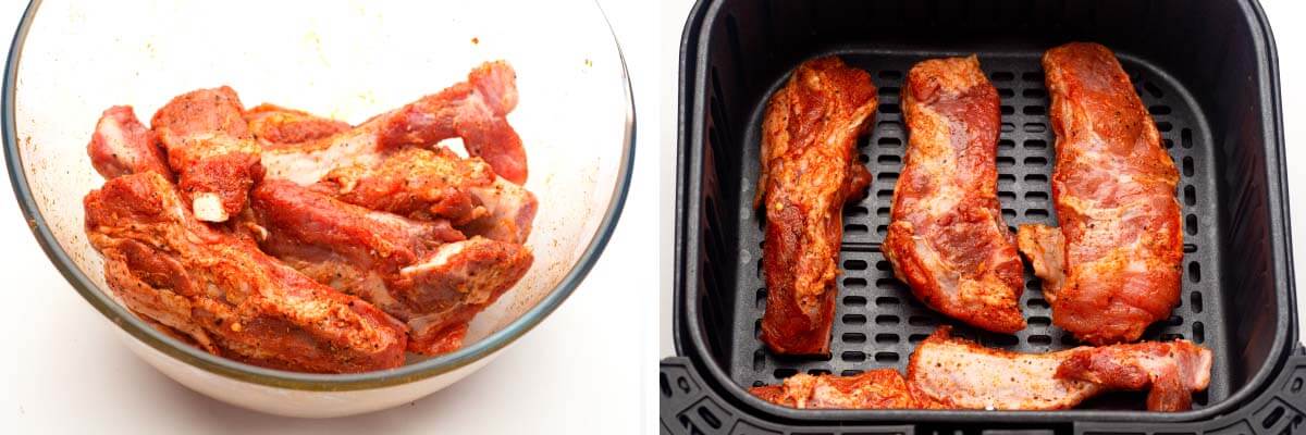 ribs mixed with spices, seasoned ribs in air fryer basket