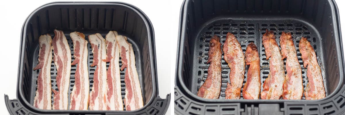 air fryer basket with raw bacon, air fryer basket with cooked bacon
