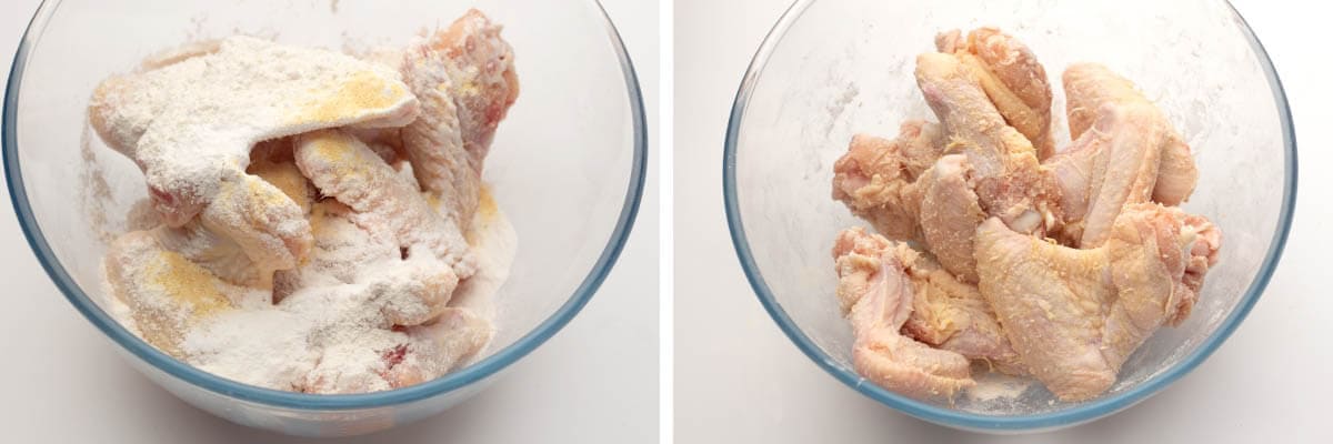 wings in bowl with flour, wings mixed with flour