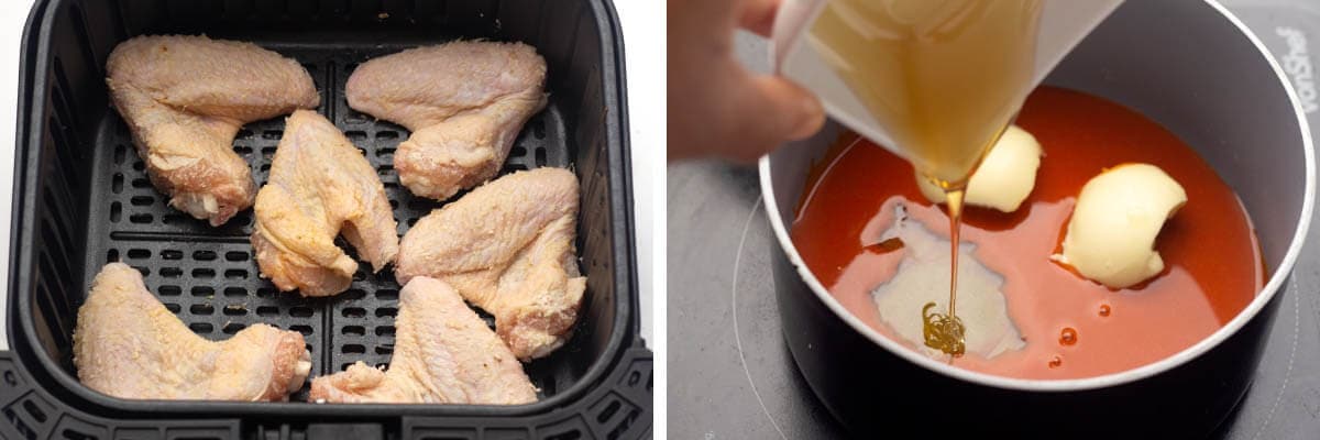 wings in air fryer basket, adding honey to sauce