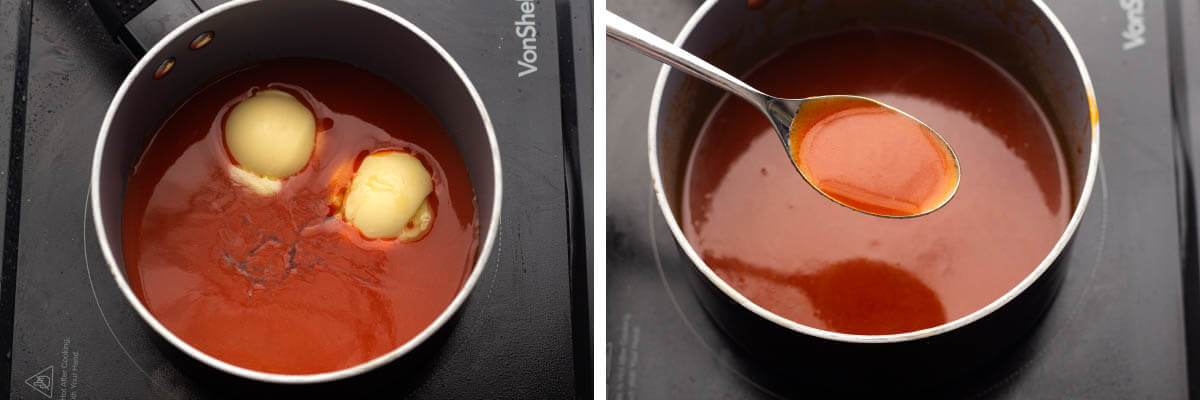 sauce in pan, sauce in spoon above pan