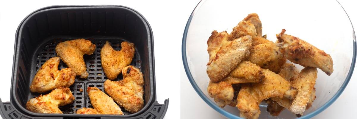 cooked wings in air fryer basket, cooked wings in bowl