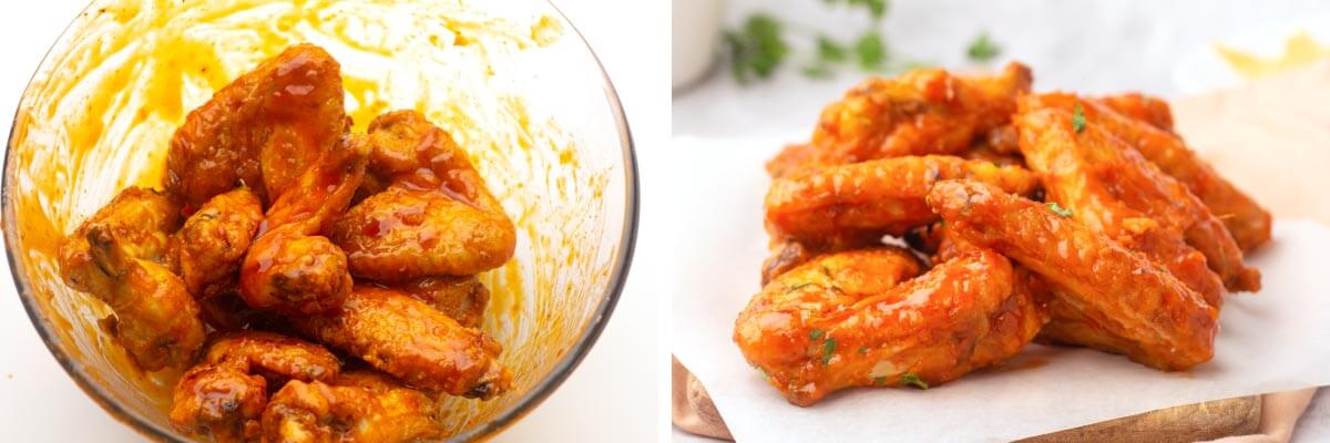 sauced wings in bowl, finished wings on paper