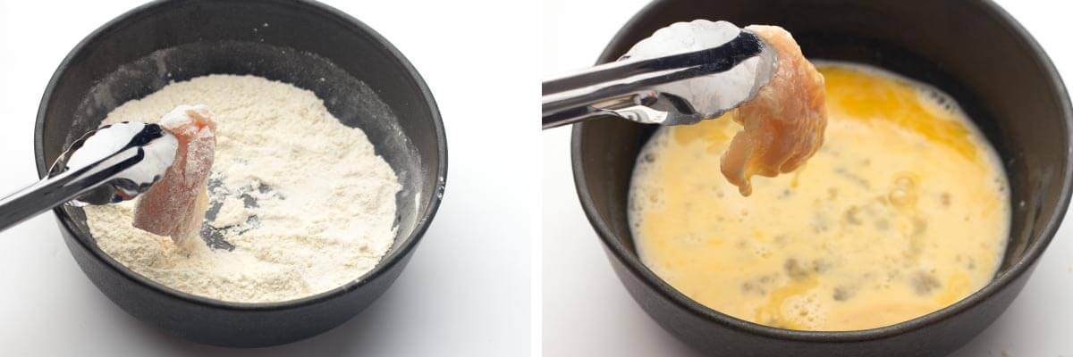 dipping chicken in flour, then in eggs