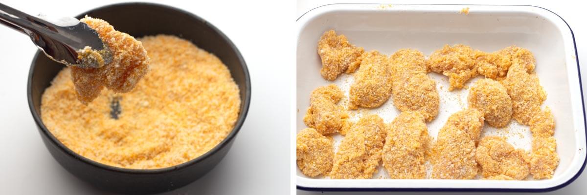 dipping chicken in cracker crumbs, chicken pieces in dish ready for air fryer