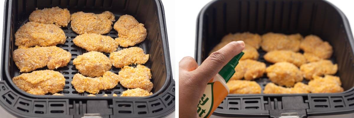 raw chicken nuggets in air fryer basket, spraying them with oil