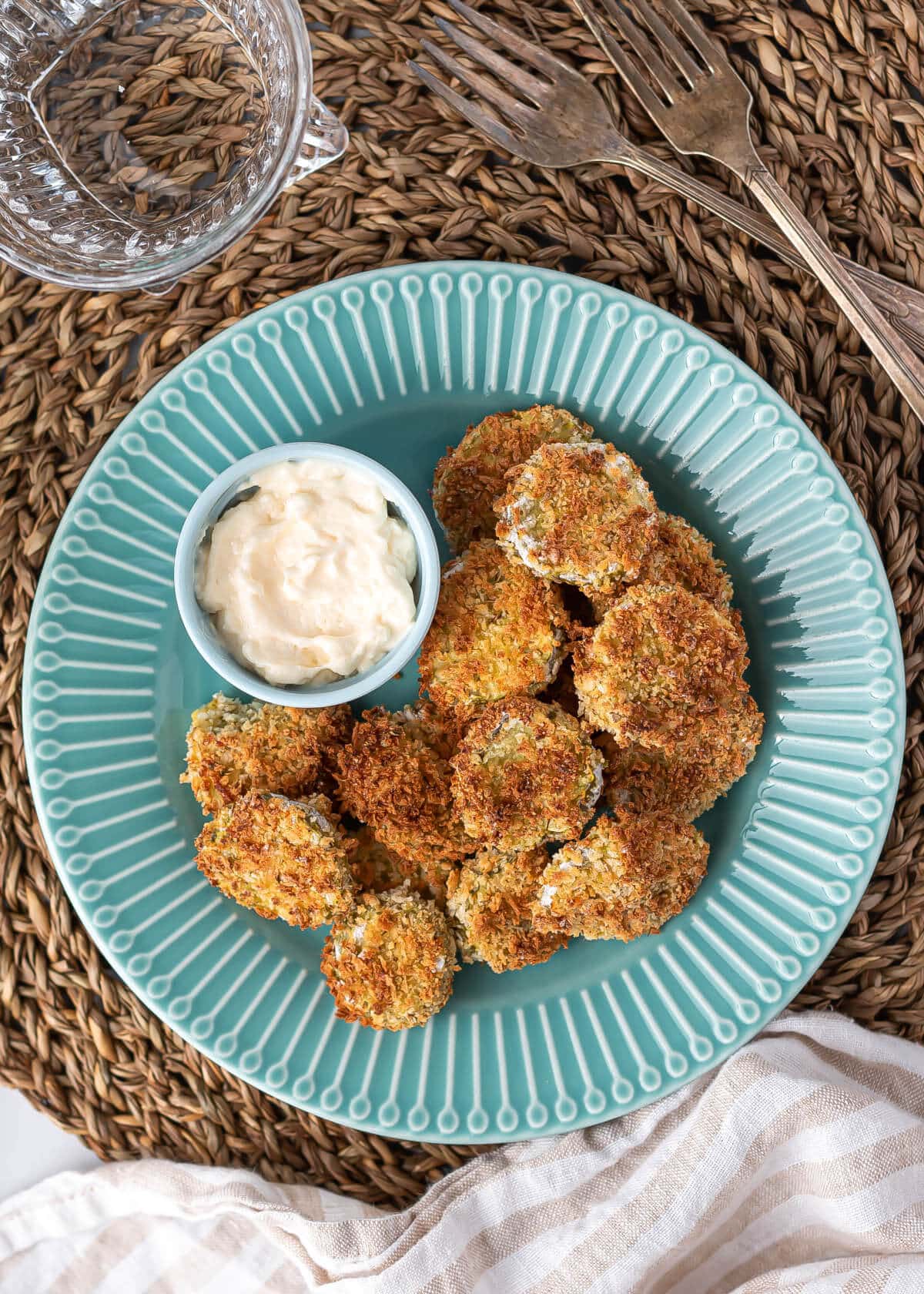 air fried pickles on a blue plate