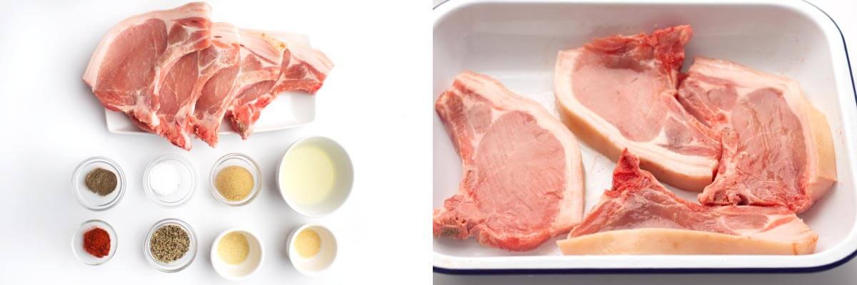 ingredients artfully arranged, 4 raw pork chops in a pan