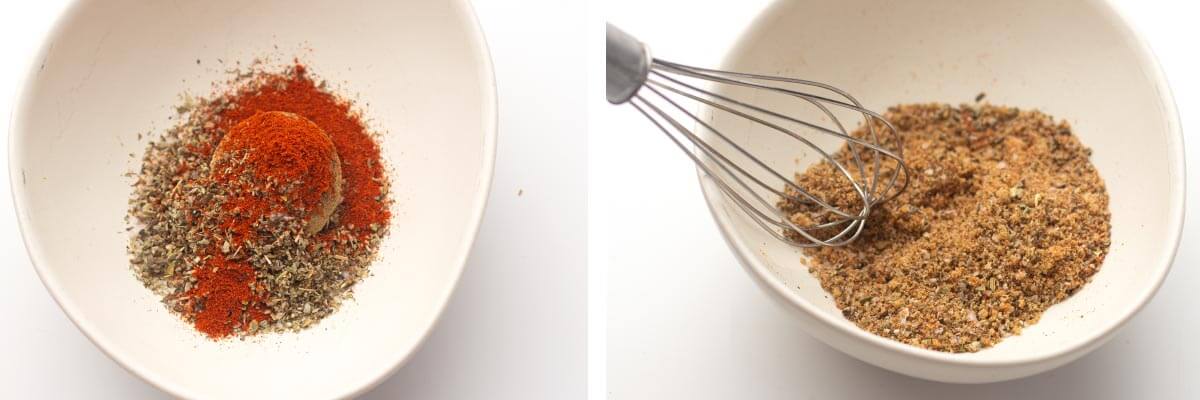 white bowl with spices in it, whisking spices