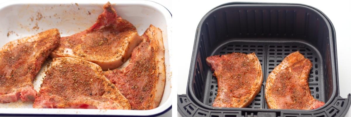 4 pork chops with spices on it, 2 pork chops in air fryer basket