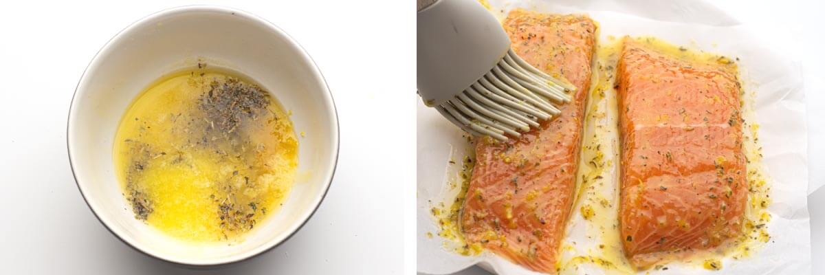 butter and spices in bowl, brushing butter on salmon