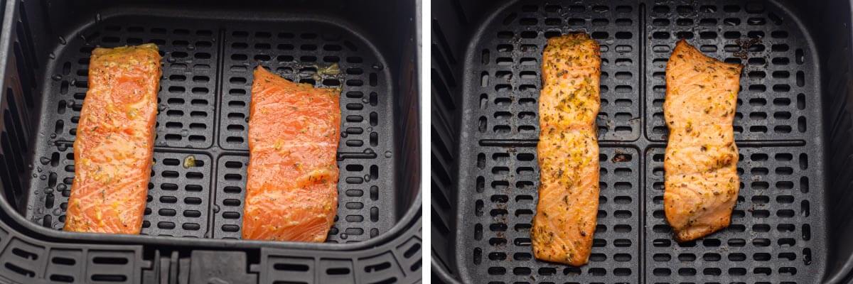 salmon in air fryer basket, cooked salmon in air fryer basket