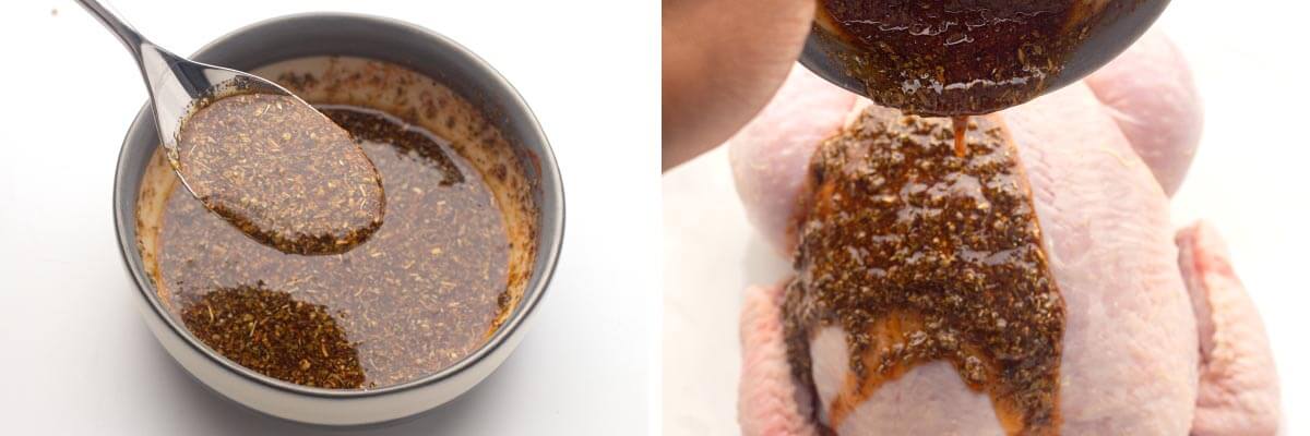 spices in oil, pouring mixture on chicken