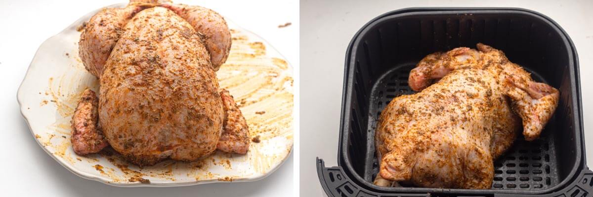 chicken with spice rub on it, chicken in air fryer basket