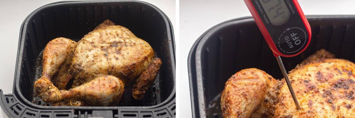 whole chicken in air fryer basket, taking temperature of chicken