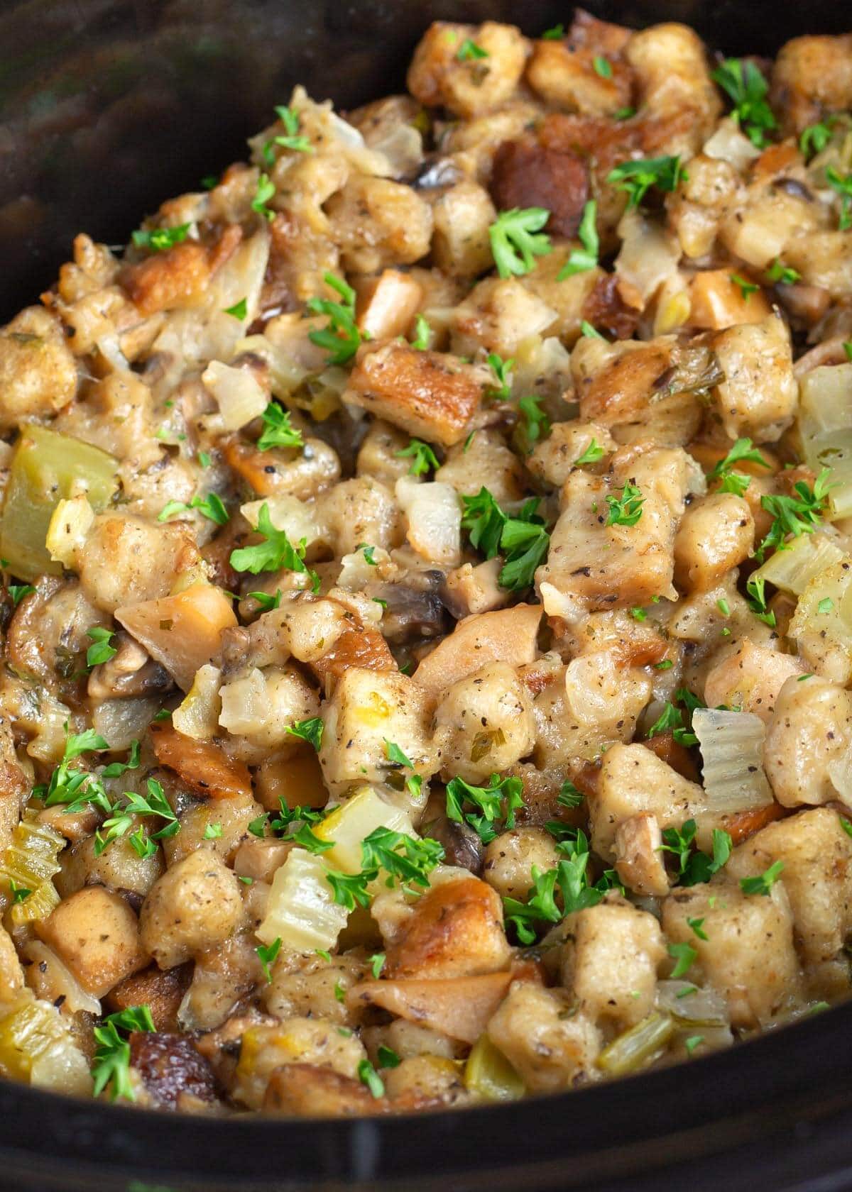 close up of easy slow cooker stuffing