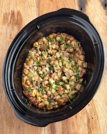 stuffing in a black crock from above