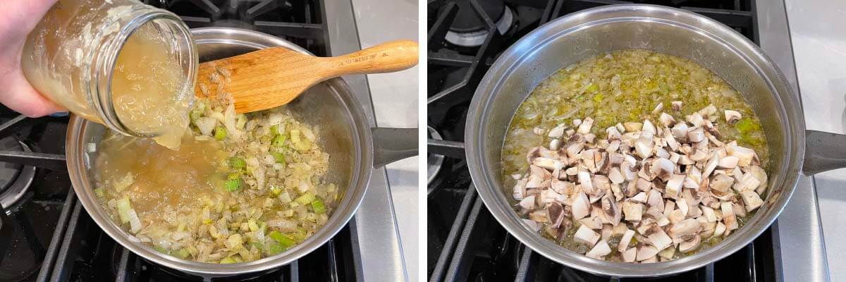 add broth to pan, added mushrooms to pan