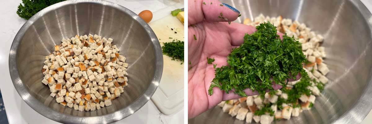 bread cubes in a stainless bowl, hand with chopped parsley